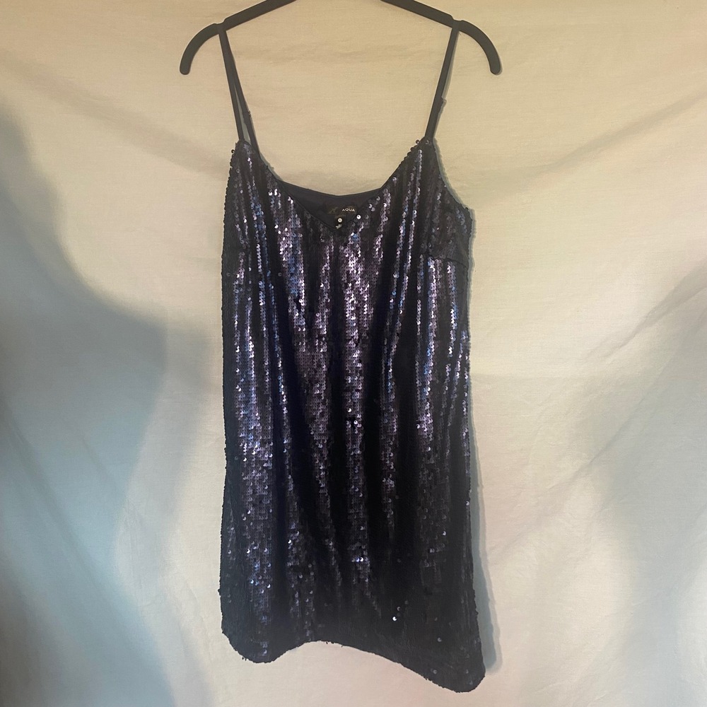 AQUA Womens Large Navy Blue Sequin Mini Dress V-Neck Spaghetti Strap Shift